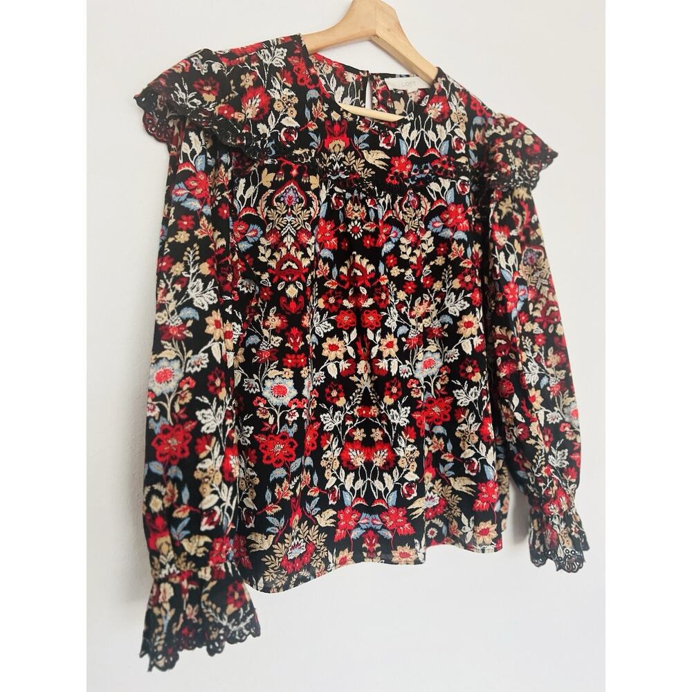 LOFT Floral 100% Cotton Blouse Sz Petite Large Ruffle Long Sleeve Smock Boho